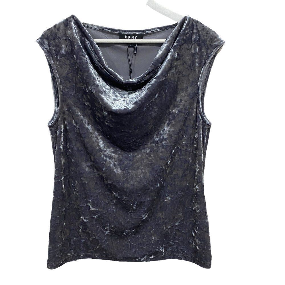 DKNY New sleeveless velvet feel drape front medium gray